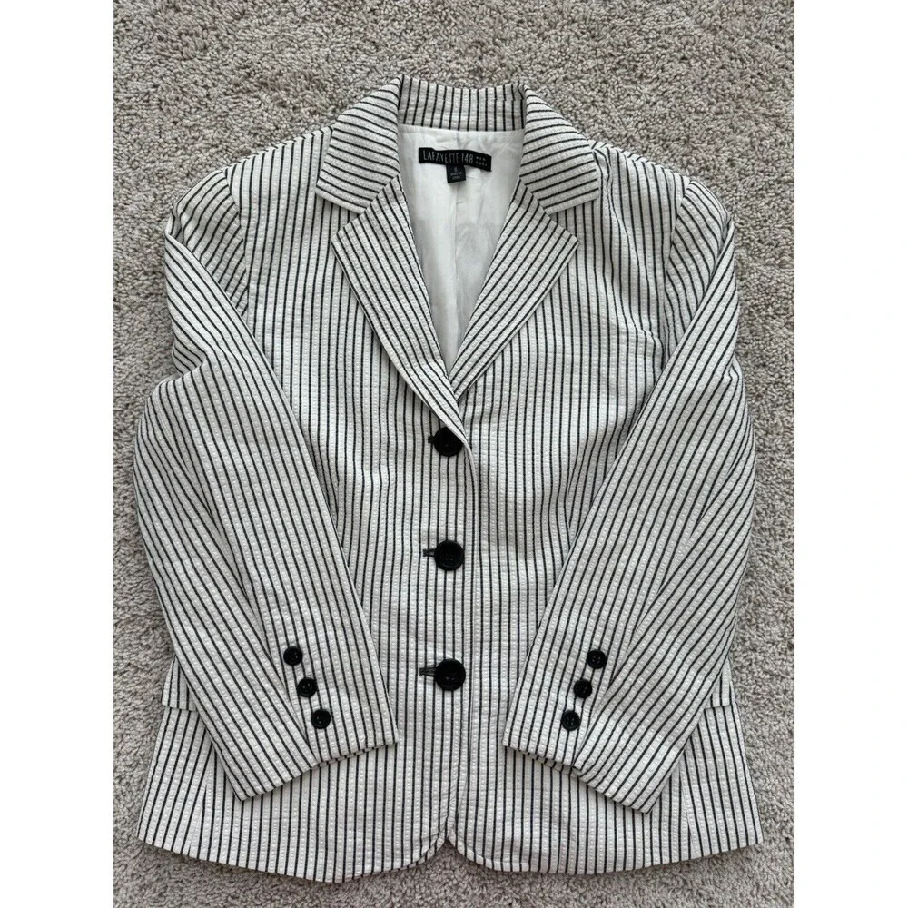 Anthropologie‎ Lafayette 148 Women's Size 6 Navy Cream Blazer Preppy Nautical